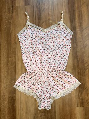 Eberjey Cream Sleep Romper with Red Cherry Floral Print and Lace Trim, Size S
